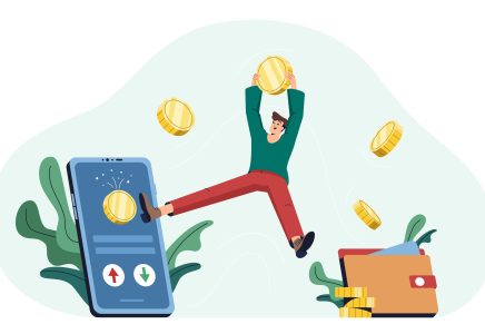 Cashback flat vector illustration. Happy man with golden coins receive cash, get rewards for online shopping. Money transfer from mobile app on e-wallet. Cash back, refund bonus or financial savings.